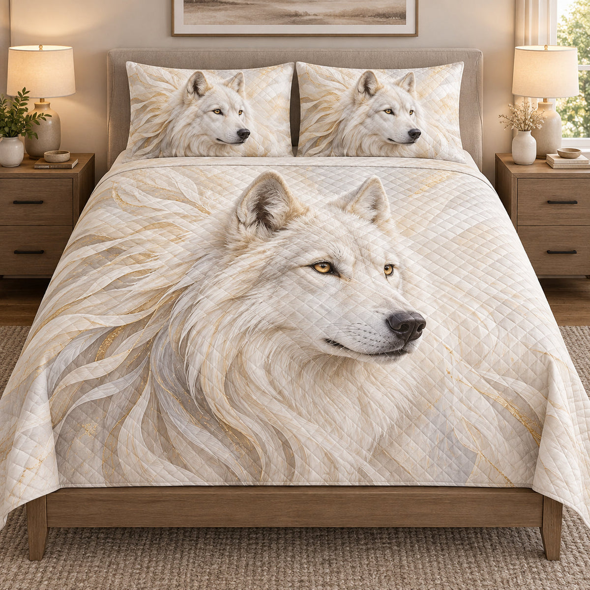 White Wolf Gold Feather quilt set displayed on a bed with coordinating pillow shams