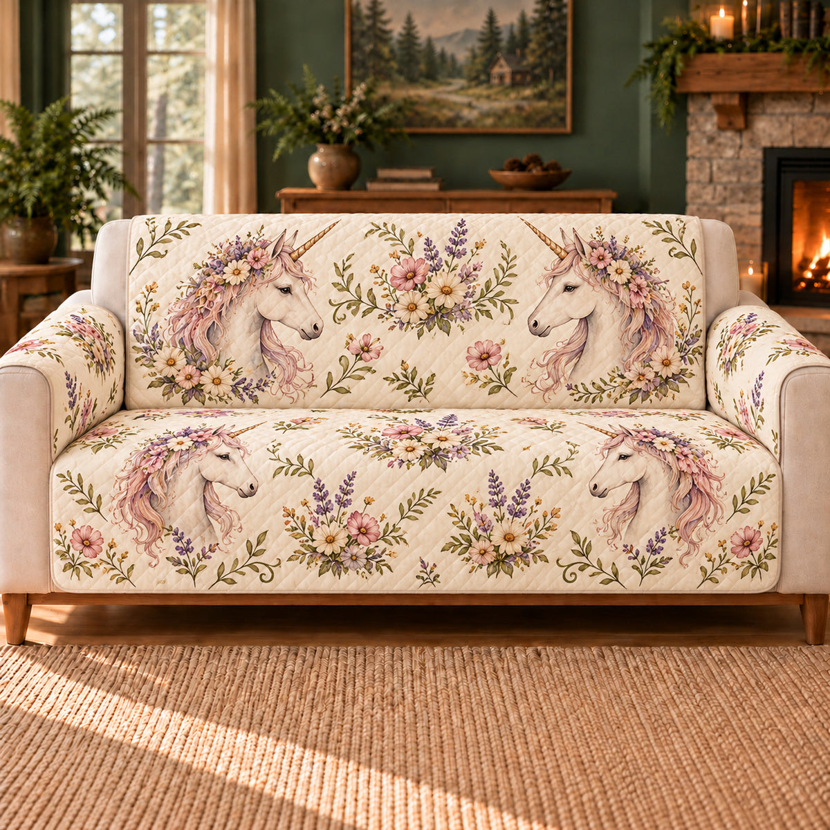 Wildflower Mane Sprigs sofa cover on a beige sofa