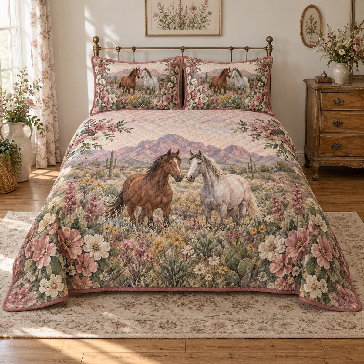 Wildflower Ranch Horse Western Ranch Quilt Set, front horse western ranch bedroom view