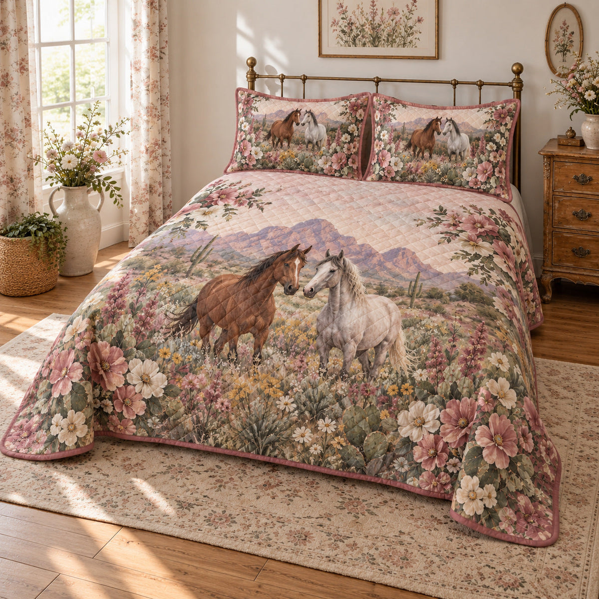 Wildflower Ranch Horse Western Ranch Quilt Set, angled horse western ranch bedroom view