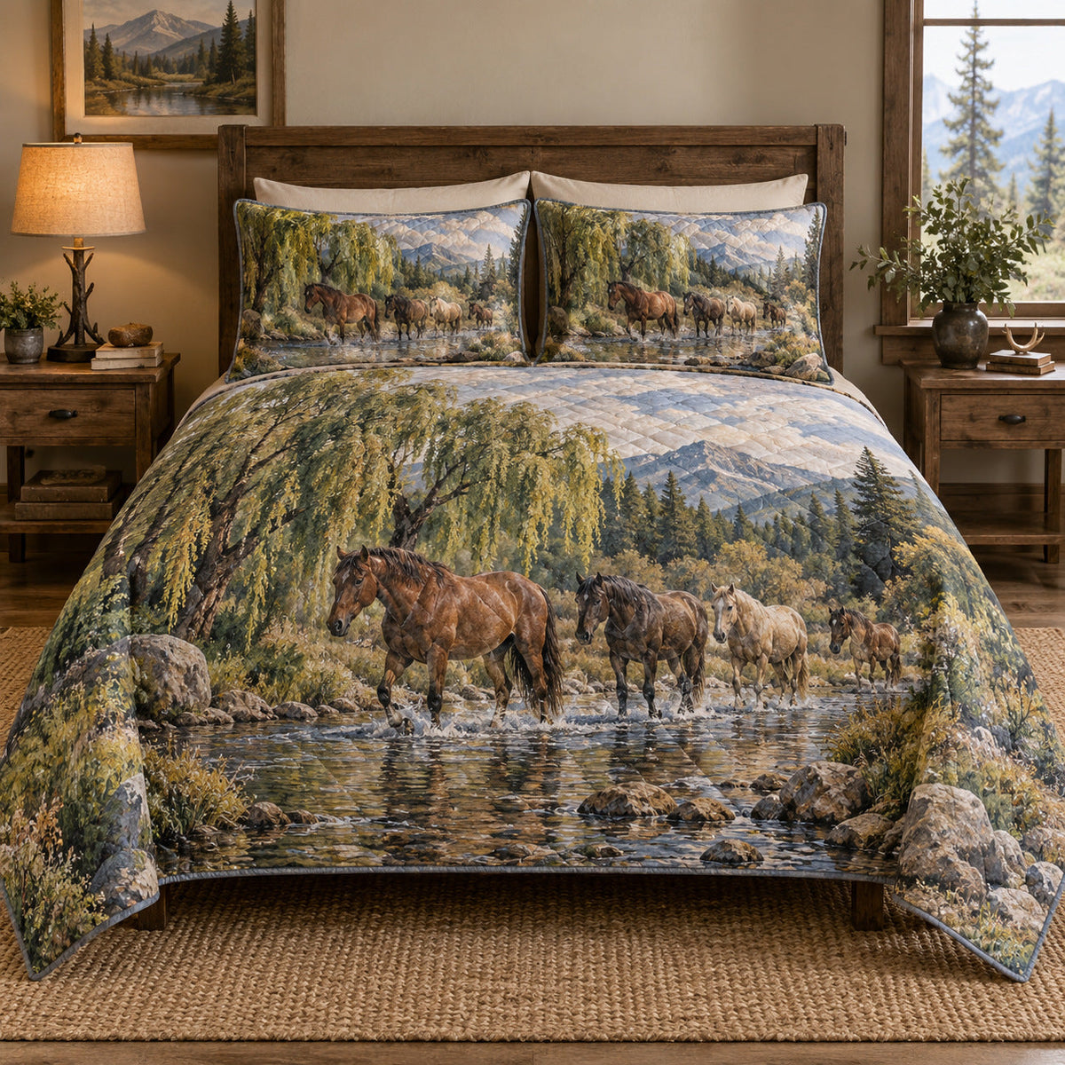 Willow Creek Run Horse Open Landscape Quilt Set, front horse open landscape bedroom view