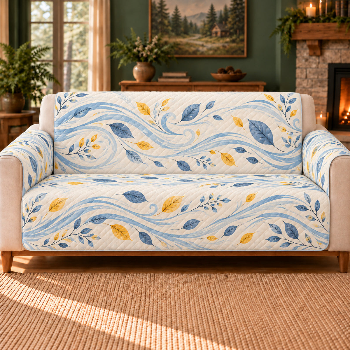 Wind Line Meander sofa cover on a beige sofa