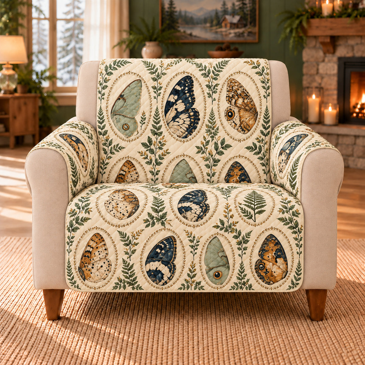 Wing Detail Ovals sofa cover on a beige armchair