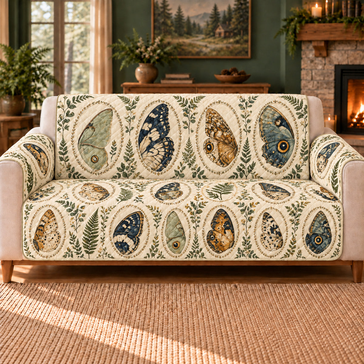 Wing Detail Ovals sofa cover on a beige sofa