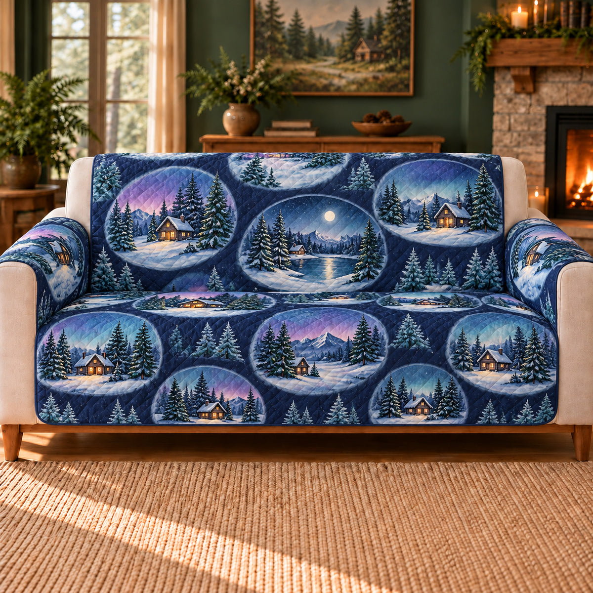 Winter Cabin Cameos sofa cover on a beige sofa