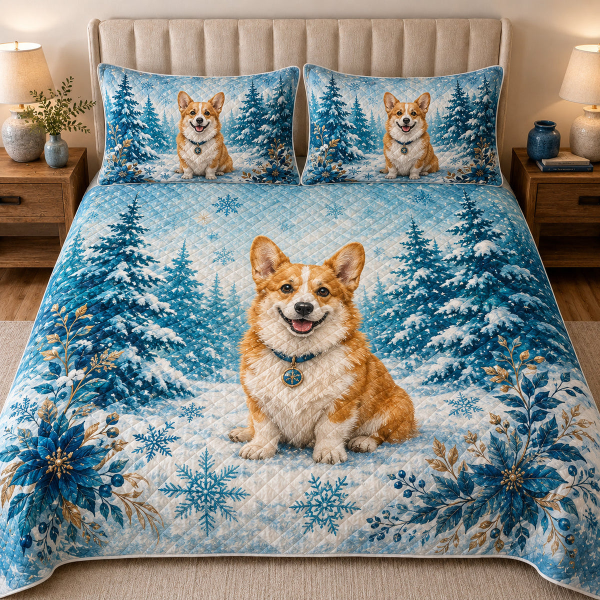Corgi Snowy Forest Winter quilt design with coordinating pillow shams