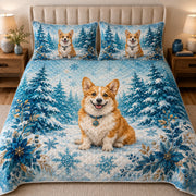 Corgi Snowy Forest Winter quilt design with coordinating pillow shams