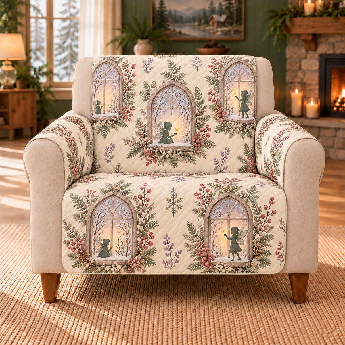 Winter Fairy Window sofa cover on a beige armchair