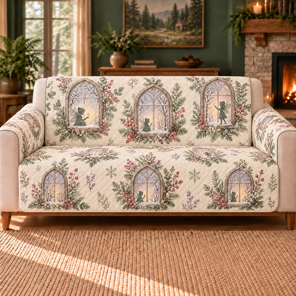 Winter Fairy Window sofa cover on a beige sofa