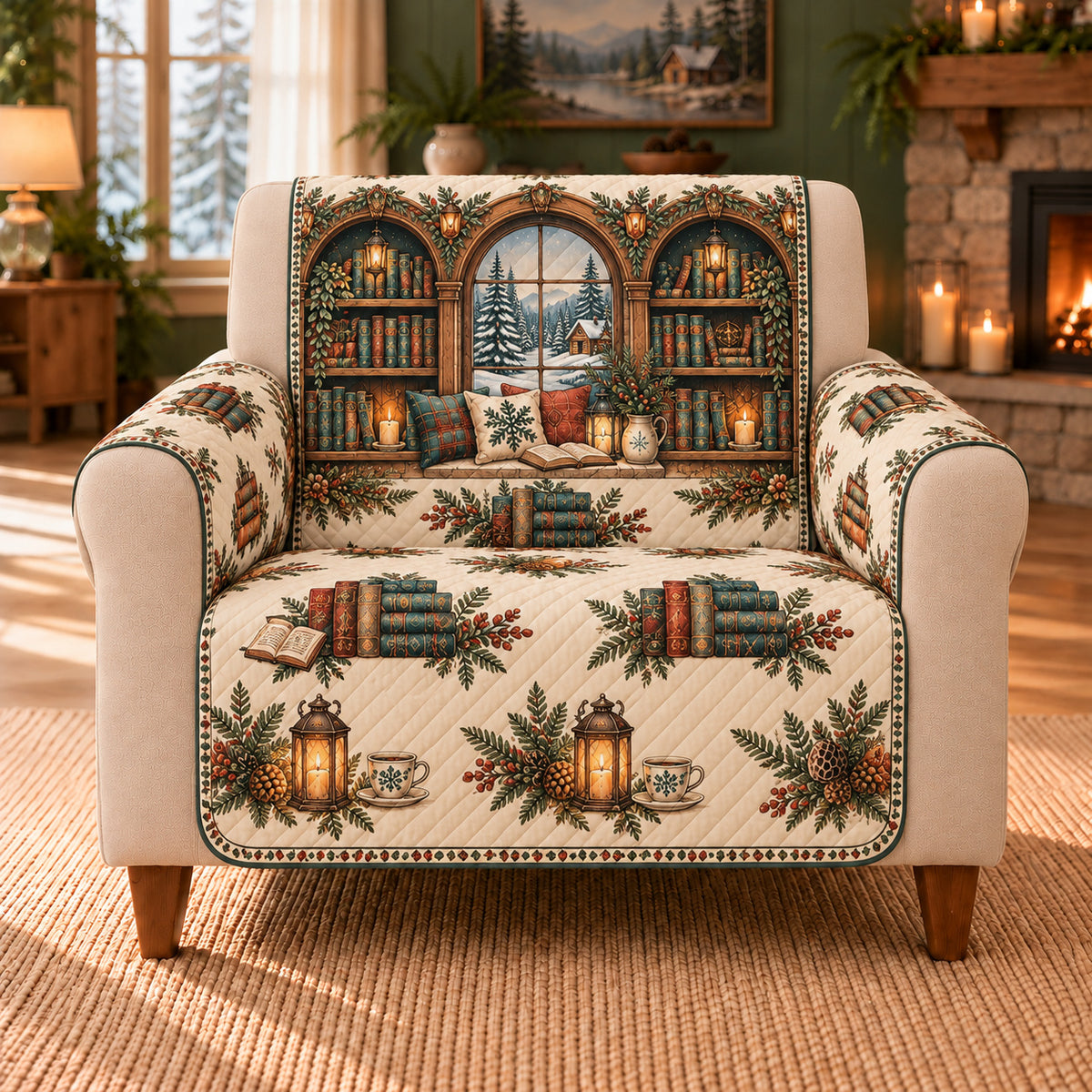Winter Reading Frieze sofa cover on a beige armchair