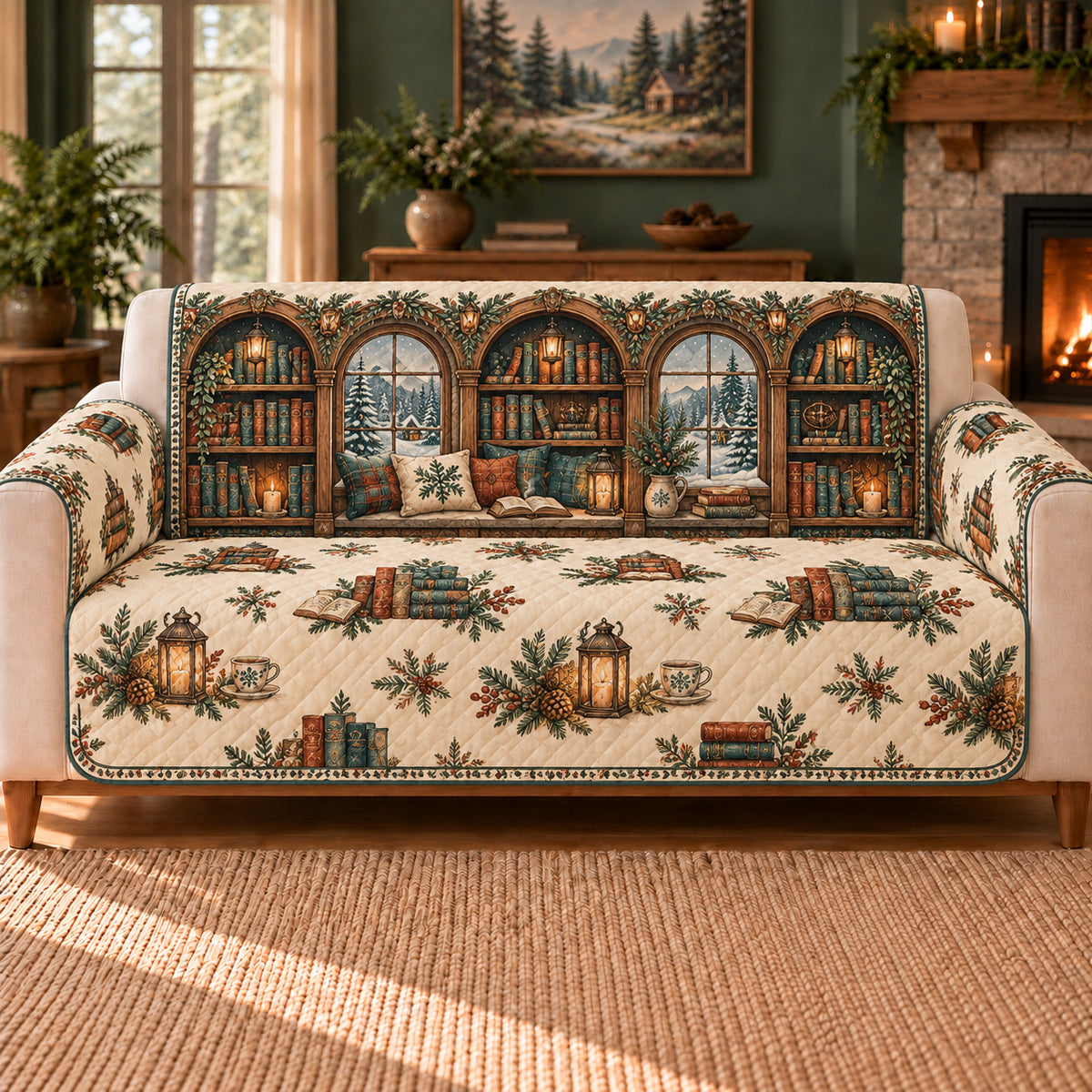 Winter Reading Frieze sofa cover on a beige sofa