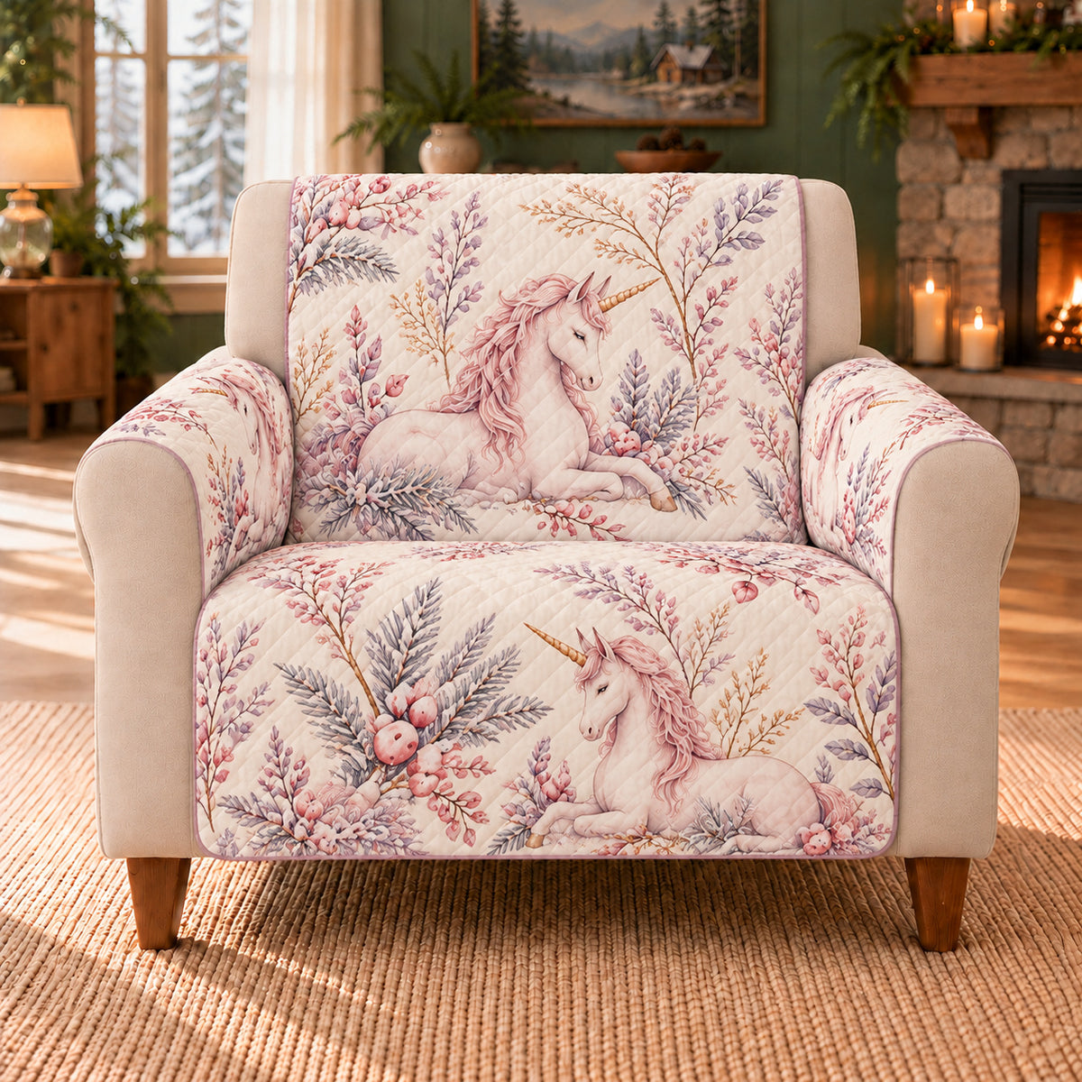 Winter Unicorn Branches sofa cover on a beige armchair