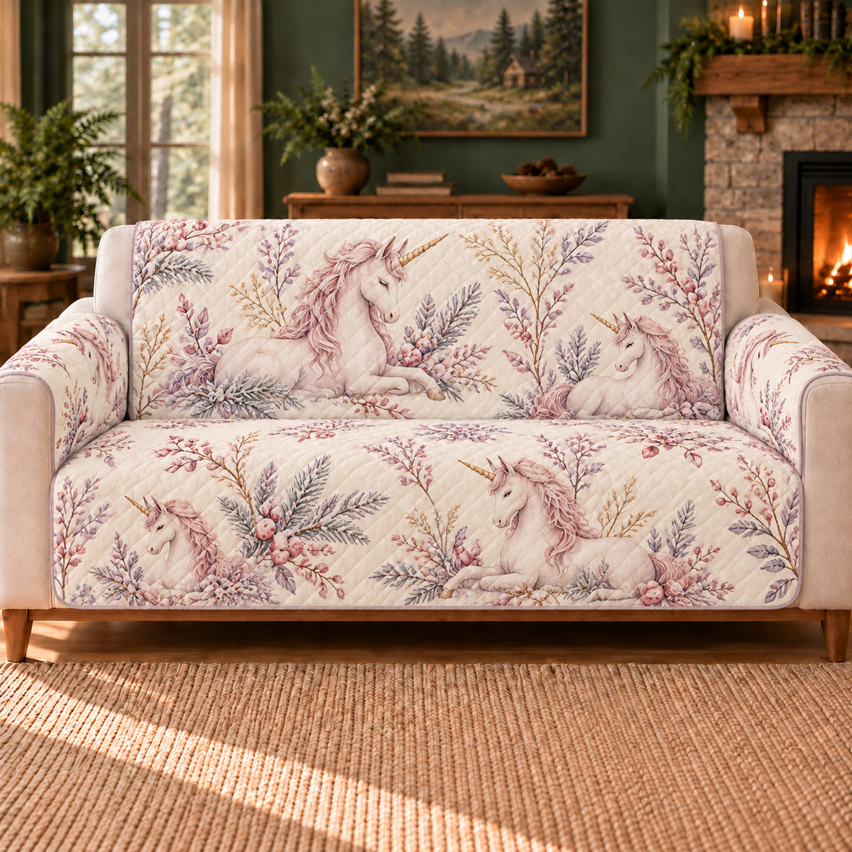 Winter Unicorn Branches sofa cover on a beige sofa