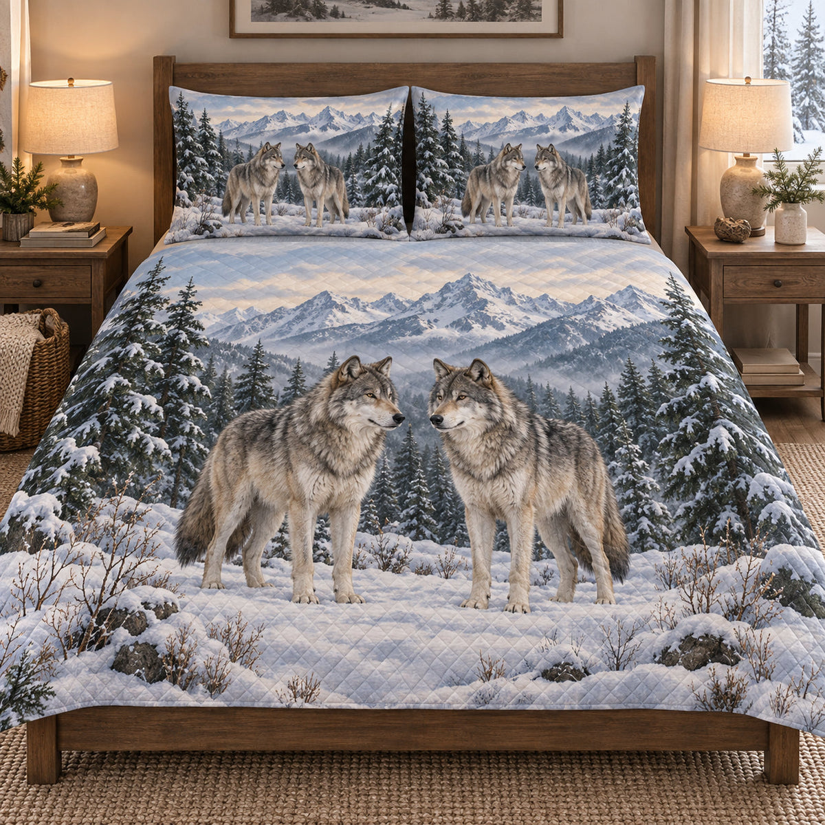 Winter Wolf Mountain Forest quilt set displayed on a bed with coordinating pillow shams