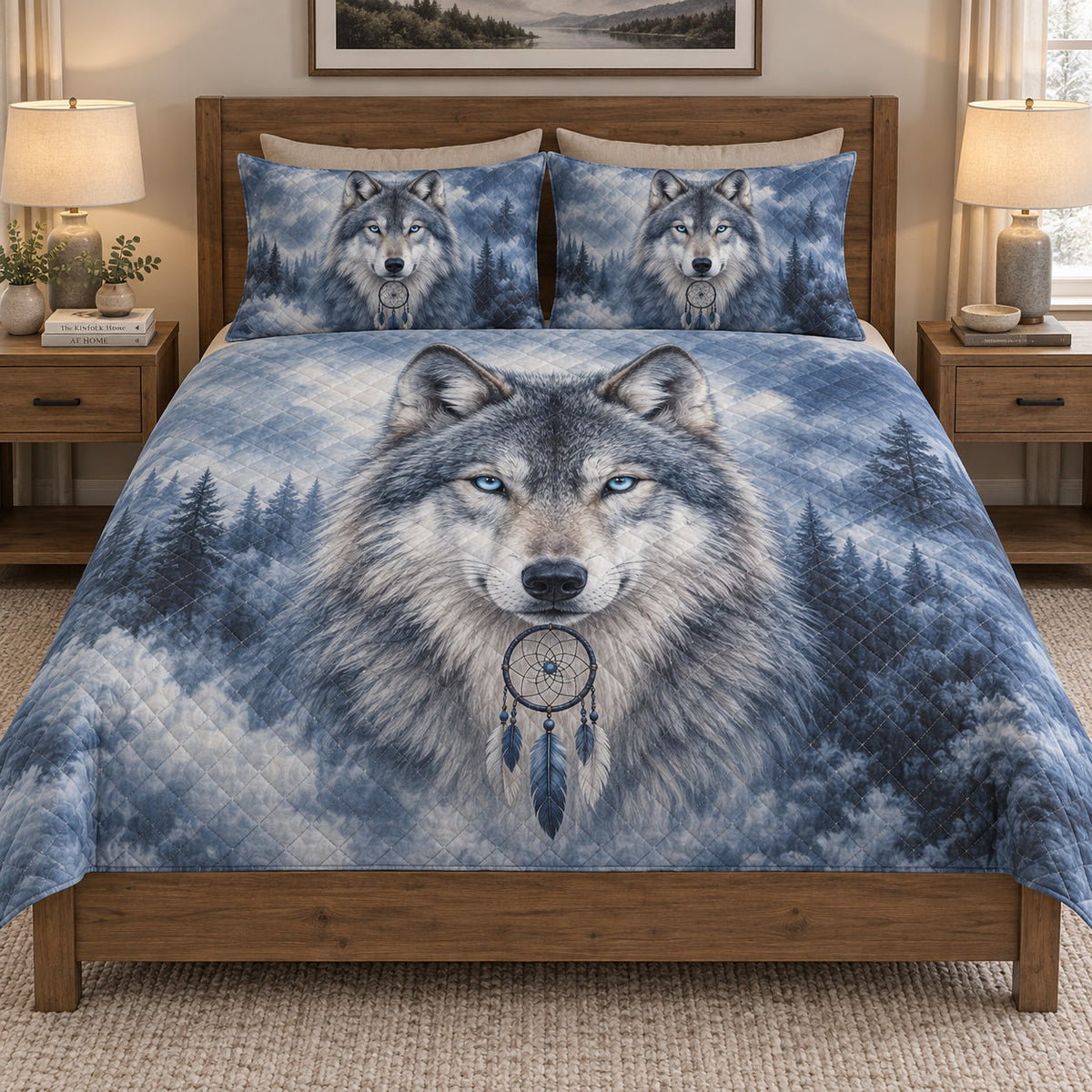 Wolf Dreamcatcher Winter Forest quilt set displayed on a bed with coordinating pillow shams