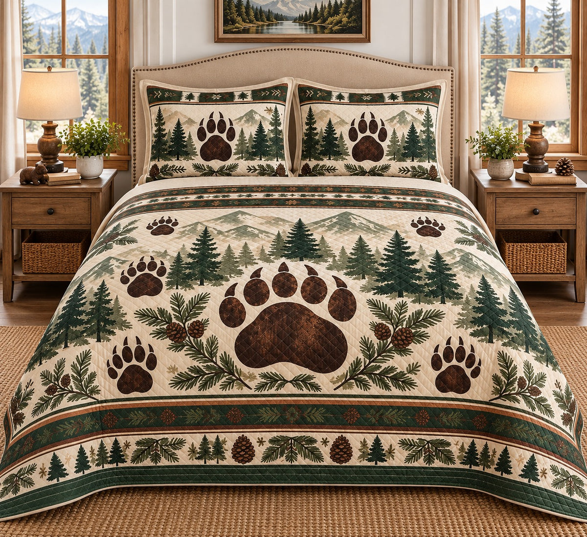 Woodland bear paw and evergreen forest quilt set, view 2, AI-generated product mockup