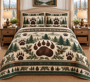 Woodland bear paw and evergreen forest quilt set, view 2, AI-generated product mockup