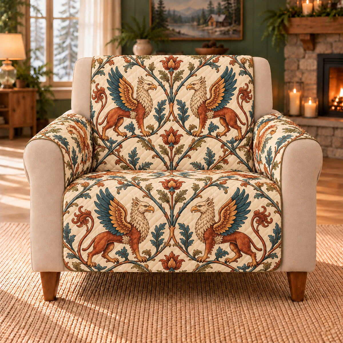 Woodland Griffin Trellis sofa cover on a beige armchair
