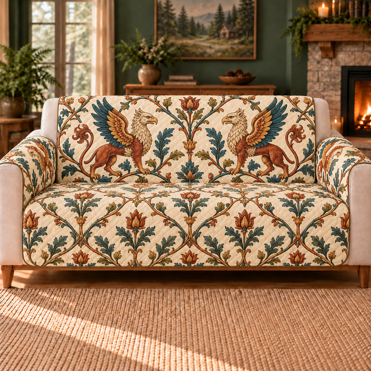Woodland Griffin Trellis sofa cover on a beige sofa
