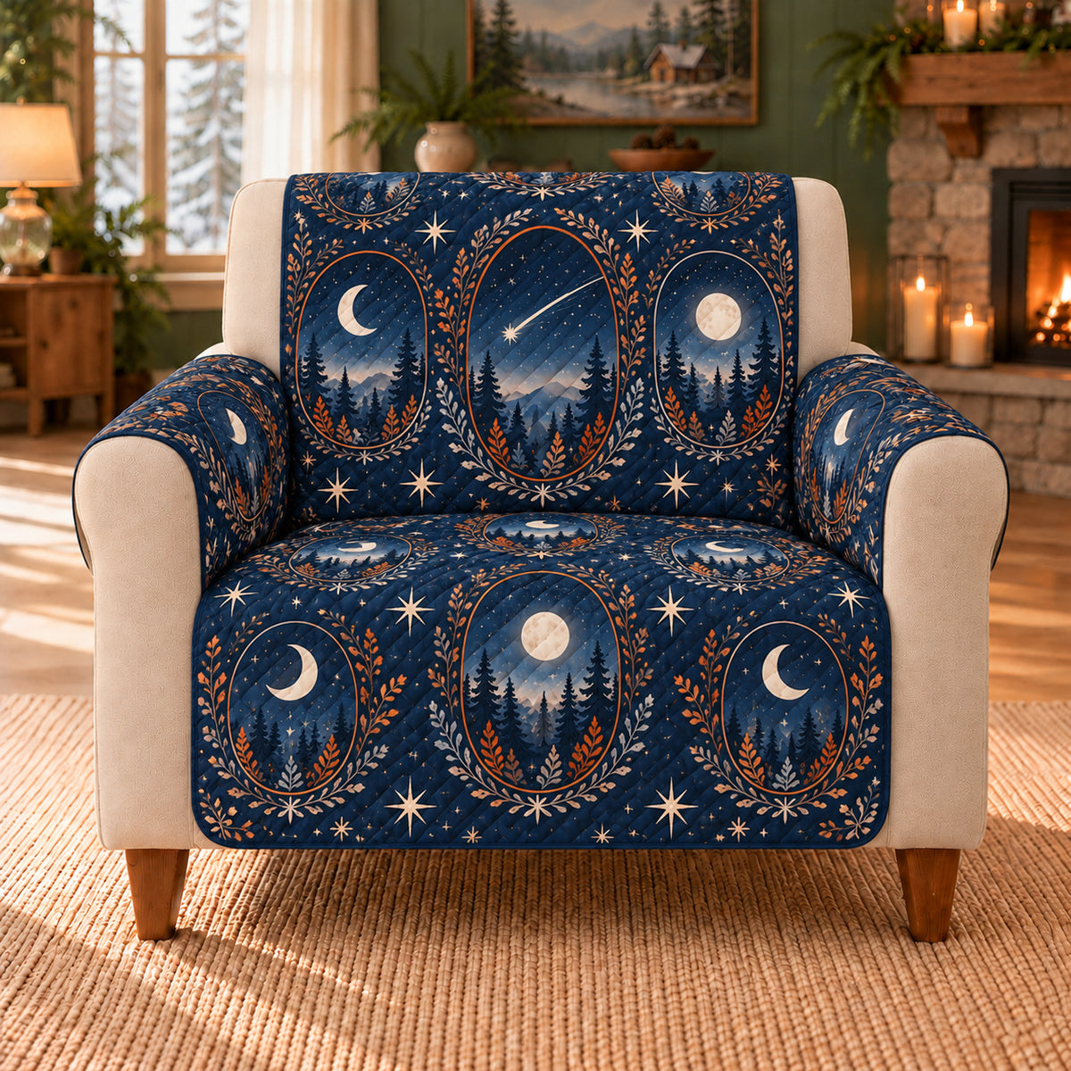Woodland Meteor Windows sofa cover on a beige armchair