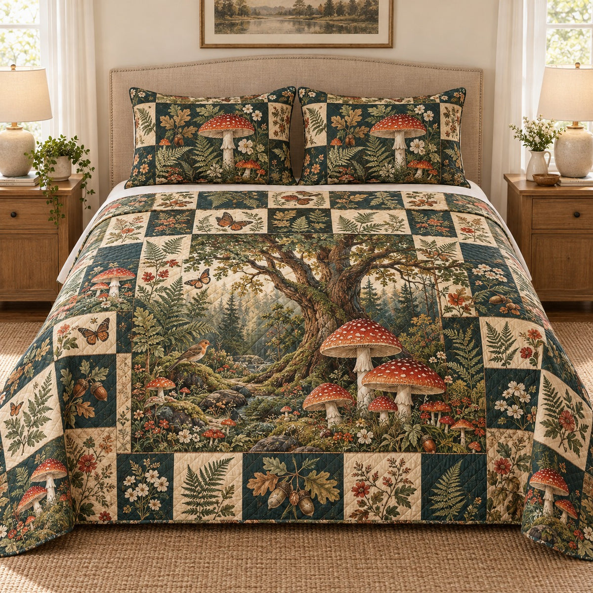 Woodland mushroom and forest patchwork quilt set, view 1, AI-generated product mockup