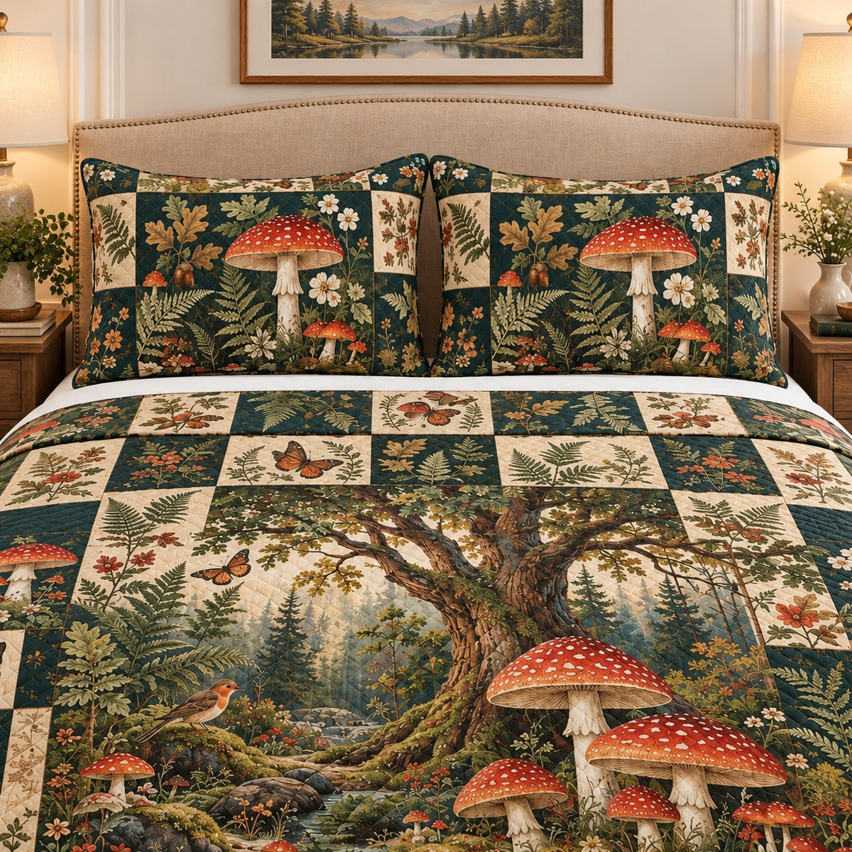 Woodland mushroom and forest patchwork quilt set, view 2, AI-generated product mockup