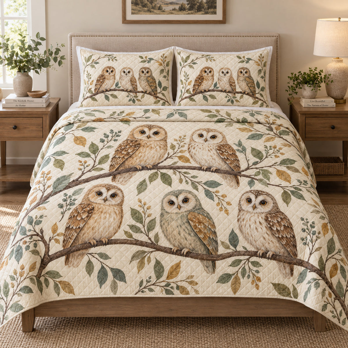 Woodland Owl Bird Nature Quilt Set: bedroom mockup showing the quilt design and coordinating pillow shams