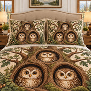 Woodland owl family in tree quilt set, view 2, AI-generated product mockup