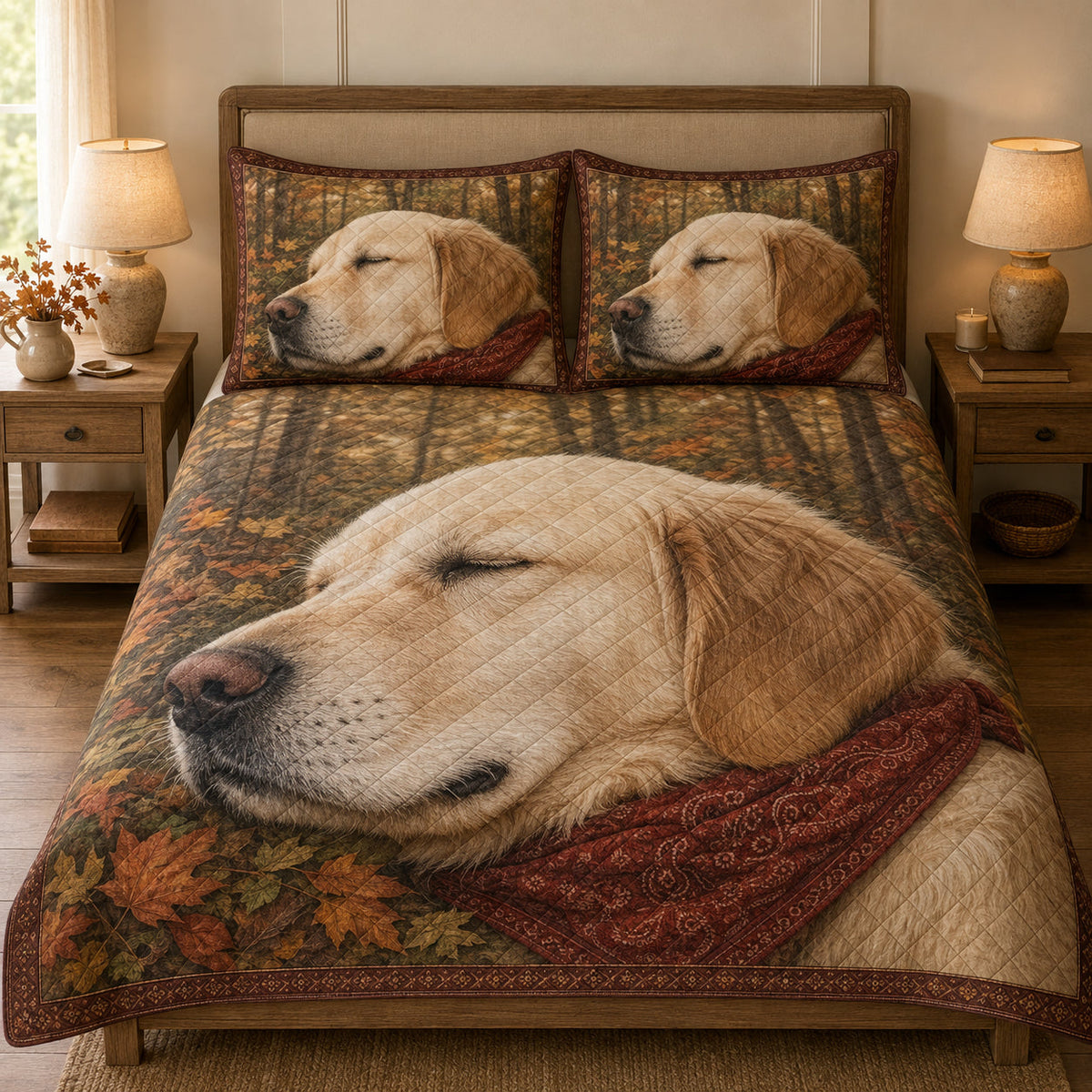 Yellow Labrador Fall quilt design with coordinating pillow shams
