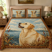 Yellow Labrador Rustic Lake quilt design with coordinating pillow shams