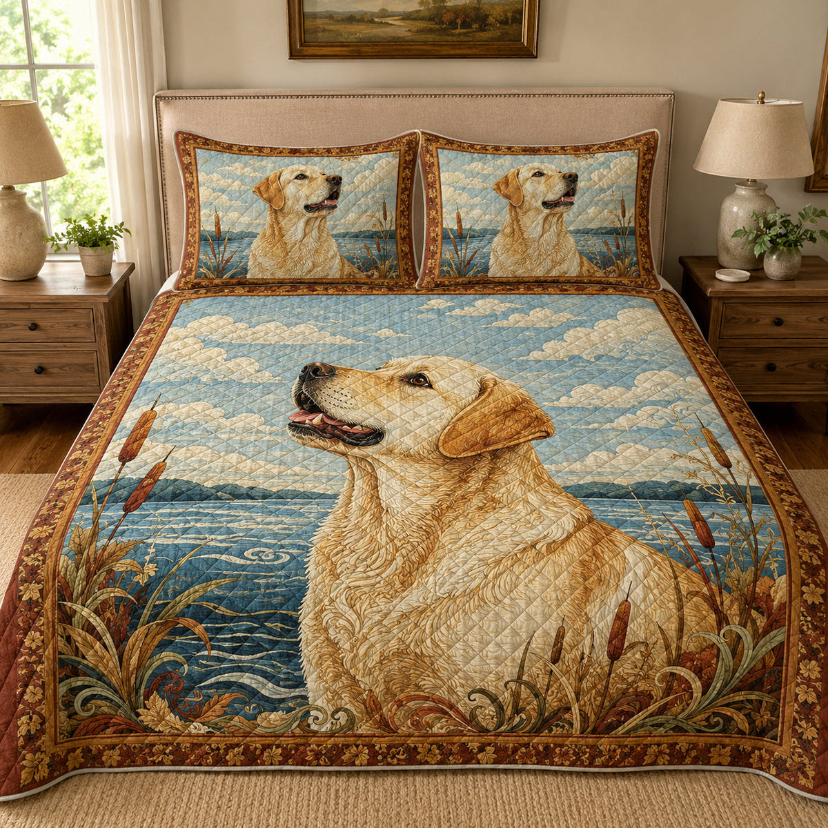Yellow Labrador Rustic Lake quilt design with coordinating pillow shams