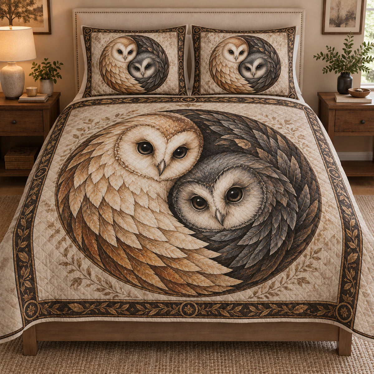 Yin Yang Owl Quilt Set: bedroom mockup showing the quilt design and coordinating pillow shams