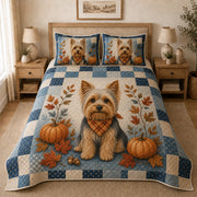 Yorkie Fall quilt design with coordinating pillow shams
