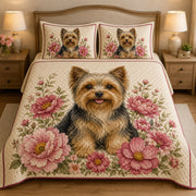 Yorkie Floral quilt design with coordinating pillow shams