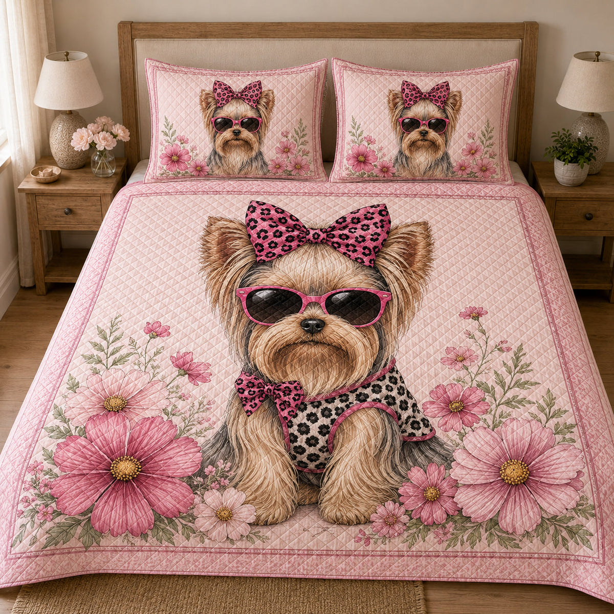 Yorkie Pink Floral quilt design with coordinating pillow shams