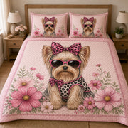 Yorkie Pink Floral quilt design with coordinating pillow shams