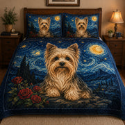 Yorkie Starry Night quilt design with coordinating pillow shams