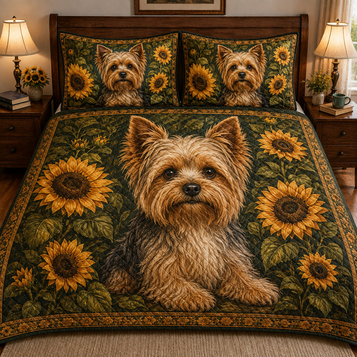 Yorkie Sunflower quilt design with coordinating pillow shams