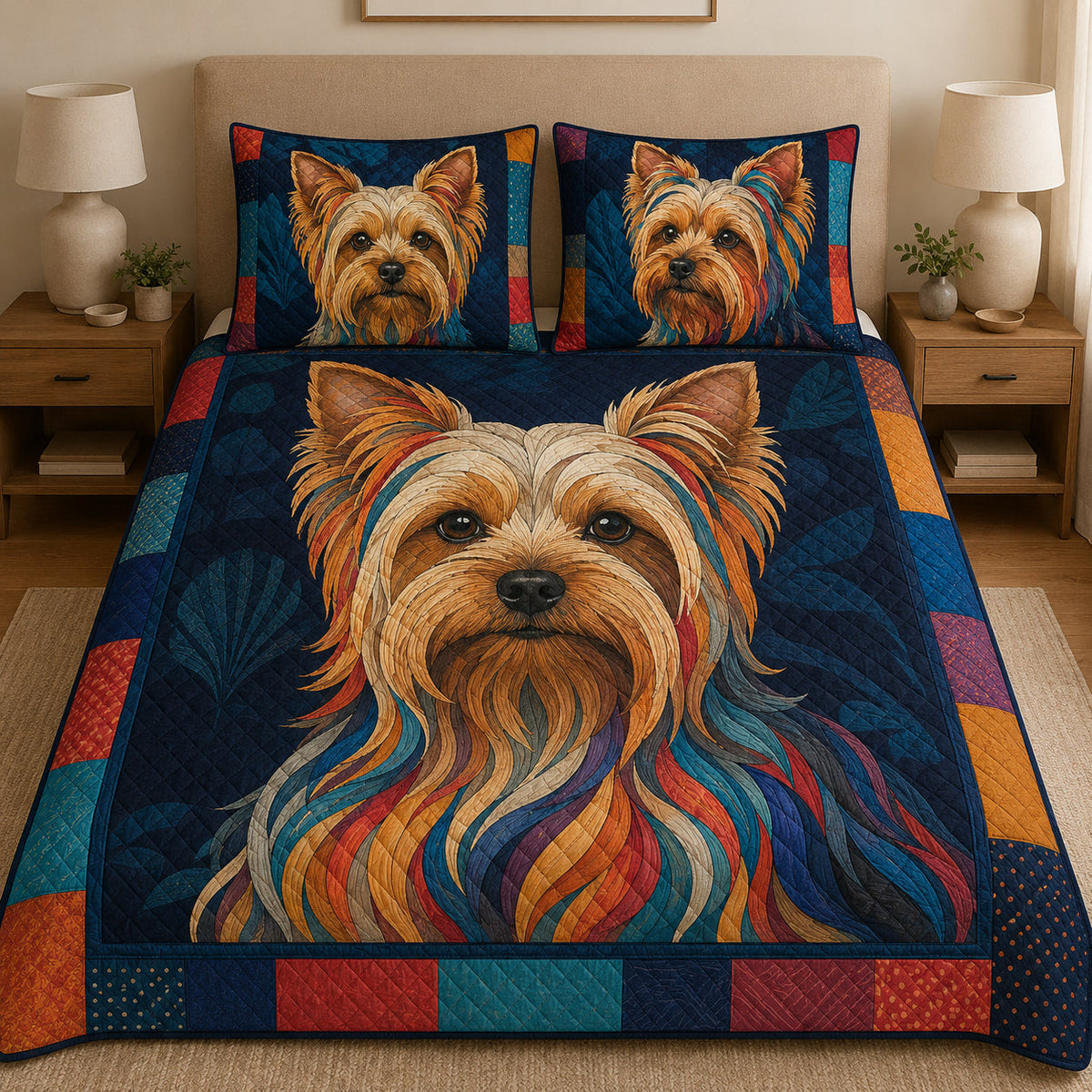Colorful Yorkshire Terrier Patchwork quilt design with coordinating pillow shams