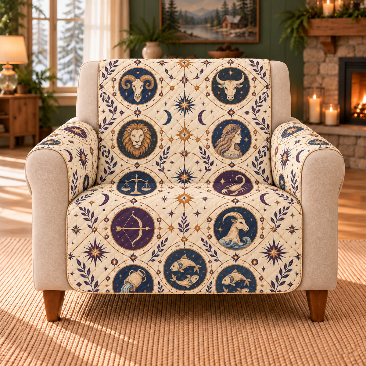 Zodiac Symbol Trellis sofa cover on a beige armchair